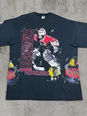 1994 Chicago Blackhawks Bulletin Athletic AOP Goalie T-Shirt Made in Canada VTG